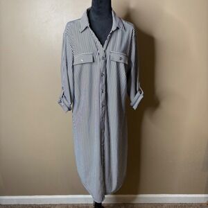 Mlle Gabrielle Dress Women's Plus 2X Striped Roll Tab Sleeve Button Up Pockets